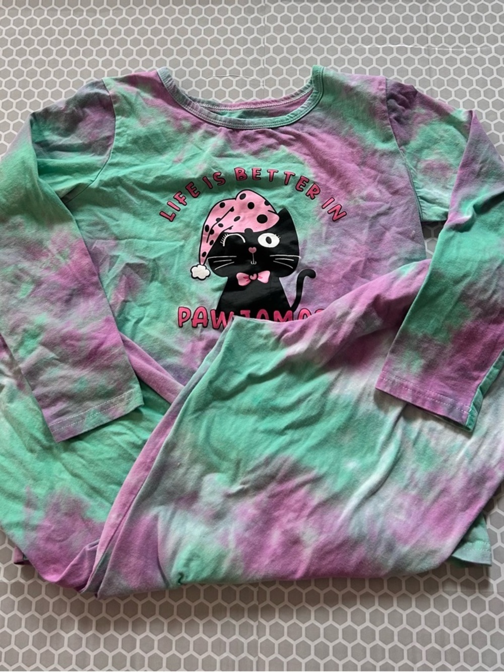 Cotton Tie-Dye Long Sleeve PJ Set with Cat Graphic - Mint & Lavender Size 12